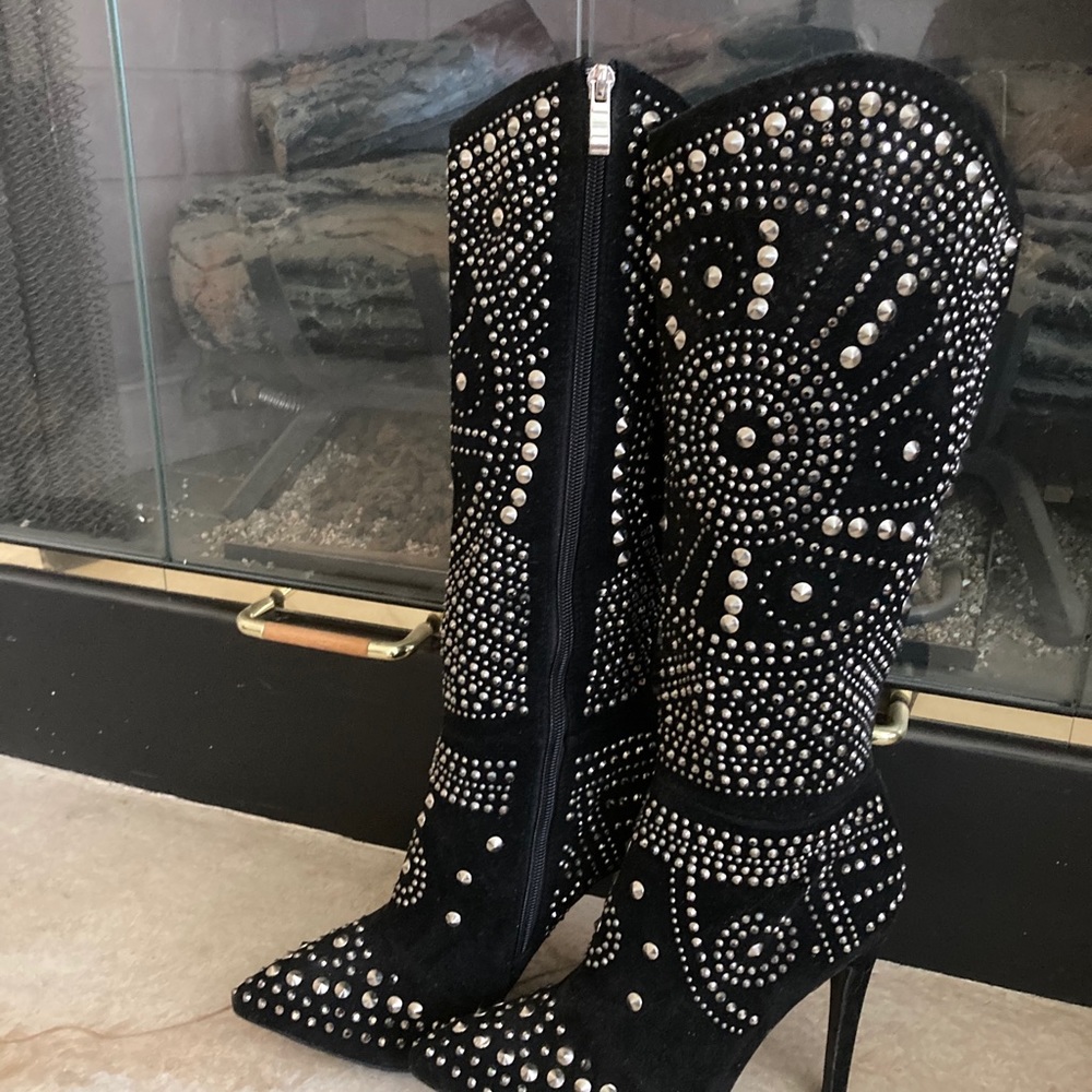 Black bedazzled stud knee-high boots